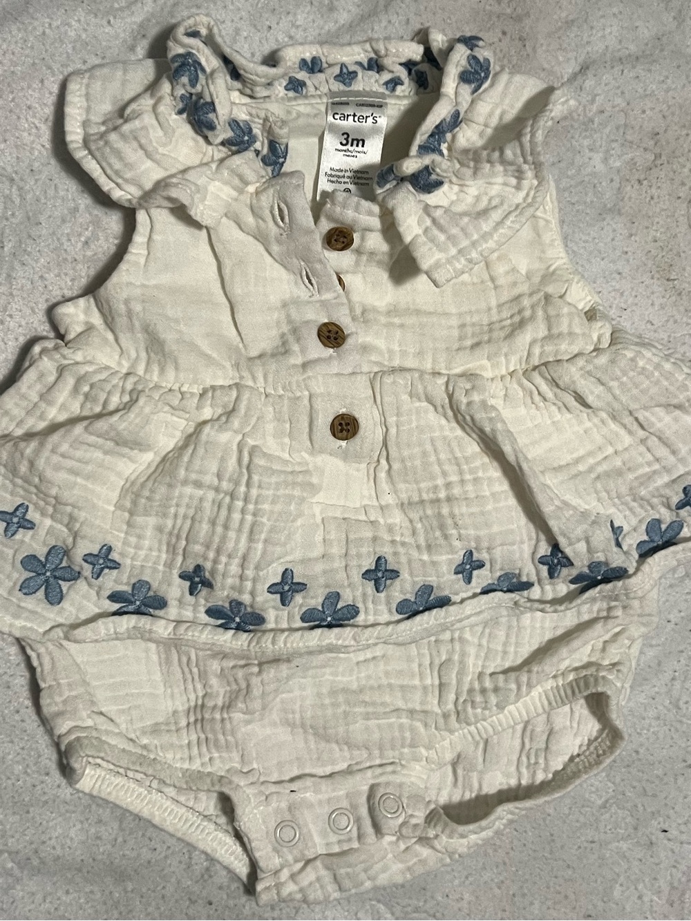 Carter's White Baby Romper with Blue Floral Embroidery 3M baby girl onsie
